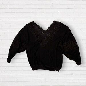 WE THE FREE Black Lace V-Neck Front Back Sweater Waffle Knit Top XS